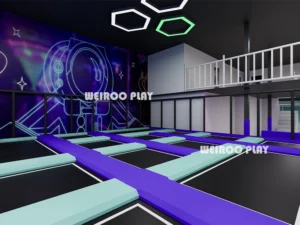 A 3D render showcasing the integration of trampoline courts and other attractions in the Weiroo "Galaxy Jump Zone" (WRTP-011).