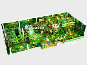 A 7-meter high jungle-themed play structure (WRIP-004), designed by Weiroo for a 430 m² commercial space, showing the multi-level climbing zones.