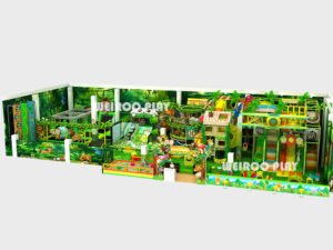 Top-down 3D render of the Jungle Adventure Play Area (WRIP-004), a custom 4630 sq ft indoor playground with a capacity for 110 children. A Weiroo design.