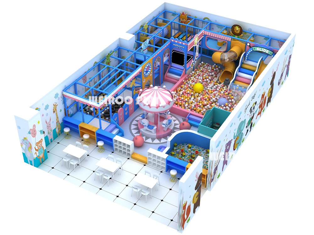 Main view of the Macaron Dream Play Structure (WRIP-001), a 1720 sq ft (approx. 160 m²) custom commercial indoor playground equipment design by Weiroo.