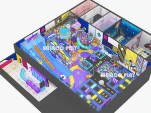 Main 3D design of the "Mega Fun Trampoline Park" (WRTP-006), a massive 11,730 sq ft (approx. 1090 m²) custom commercial trampoline park equipment design by Weiroo.
