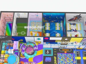 Top-down 3D layout of the 1090 m² (11,730 sq ft) "Mega Fun" park (WRTP-006), showing the full layout for a 360-person capacity park. A Weiroo custom design.