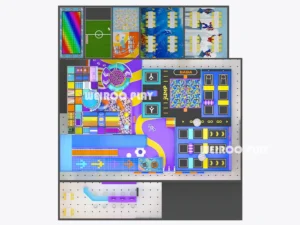 A detailed 3D render of the Weiroo "Mega Fun" park (WRTP-006), showing the main trampoline courts and colorful climbing attractions.