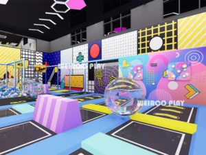 An angled view of the 1090 m² "Mega Fun Trampoline Park" (WRTP-006), a large-scale commercial trampoline park equipment solution by Weiroo.