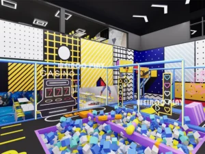 A 3D render showcasing the integration of trampoline courts and other attractions in the Weiroo "Mega Fun" park (WRTP-006).