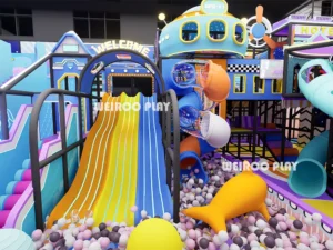 A 3D render of the 1090 m² "Mega Fun" park (WRTP-006) by Weiroo, focusing on the slide and soft play integration.