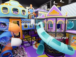 Detailed 3D design of the 7m high "Mega Fun Trampoline Park" (WRTP-006), showcasing the complex multi-level structures.