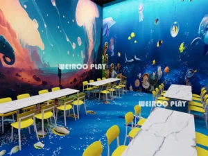 An overhead view of the "Mega Fun" park (WRTP-006) layout, a 11,730 sq ft commercial trampoline park equipment solution by Weiroo.