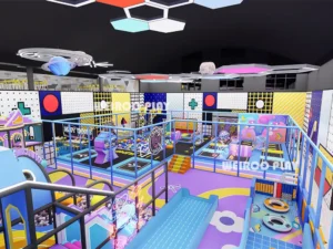 A detailed 3D design of the play events for the "Mega Fun Trampoline Park" (WRTP-006), a 1090 m² custom park by Weiroo.