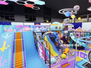 An angled overview of the 11,730 sq ft "Mega Fun" park (WRTP-006), highlighting the custom color scheme.