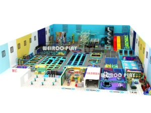 Full 3D layout of "The Titan" Mega Jump Park (WRTP-002), a massive 35,400 sq ft (approx. 3290 m²) custom commercial trampoline park equipment design by Weiroo.