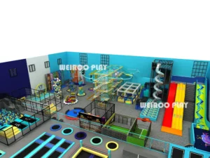 A detailed 3D render of the Weiroo "The Titan" Mega Jump Park (WRTP-002), showing the various trampoline courts and attraction zones.