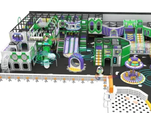 Top-down 3D layout of the 1100 m² Mega Maze Adventure Playground (WRIP-009), showing the complex maze structure. A Weiroo custom commercial design.