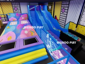 Main 3D design of the "Mega Sport & Jump Arena" (WRTP-005), a massive 22,600 sq ft (approx. 2100 m²) custom commercial trampoline park equipment design by Weiroo.