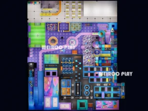 Top-down 3D layout of the 2100 m² (22,600 sq ft) "Mega Sport & Jump Arena" (WRTP-005), showing the full layout for a 700-person capacity park. A Weiroo custom design.