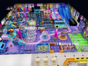 A detailed 3D render of the Weiroo "Mega Sport" Arena (WRTP-005), showing the main trampoline courts and professional jump zones.