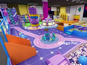 A close-up view of the slide and ball pit area within the 2100 m² "Mega Sport" Arena (WRTP-005) by Weiroo.