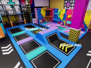 Full overview of the "Mega Sport & Jump Arena" (WRTP-005), a 22,600 sq ft commercial trampoline park equipment solution by Weiroo.