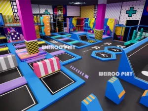 A detailed 3D render showing the layout of the Weiroo "Mega Sport" Arena (WRTP-005) professional jump zones.
