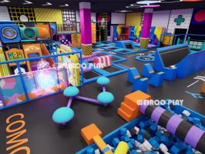 A 3D design of the 2100 m² "Mega Sport & Jump Arena" (WRTP-005), part of Weiroo's custom commercial trampoline park line.