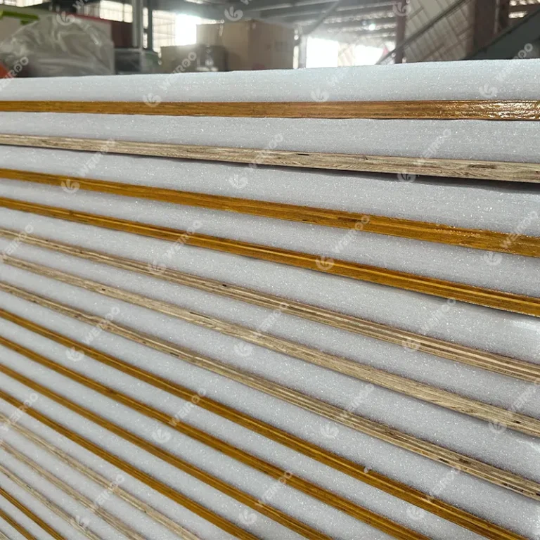 Multi-layer safety platform deck with plywood base, foam cushioning, and PVC cover.