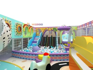 Main 3D render of the Pastel Dream Play Structure (WRIP-007), a 2800 sq ft (approx. 260 m²) custom commercial indoor playground equipment design by Weiroo.