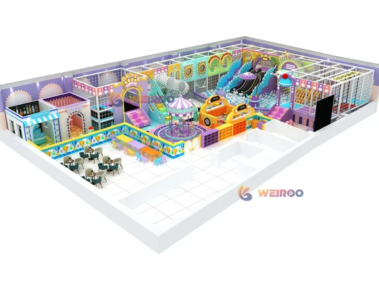 A full 3D design of the Weiroo Pastel Dream (WRIP-007) play structure, a 3m high custom playground with a capacity for 85 children.