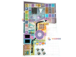 A detailed 260 m² (2800 sq ft) custom pastel-themed playground (WRIP-007), showing the multi-level design. A Weiroo commercial indoor playground equipment solution.