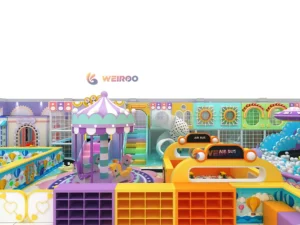 An angled 3D render of the Pastel Dream Play Structure (WRIP-007), highlighting the slides and climbing elements for a capacity of 85 kids.