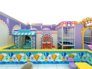 Top-down 3D render of the Weiroo Pastel Dream (WRIP-007) custom play structure, showing the full layout for a 2800 sq ft space.