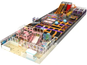 Main 3D design of the "Pro Challenge Jump Arena" (WRTP-012), a large 7910 sq ft (approx. 735 m²) custom commercial trampoline park equipment design by Weiroo.