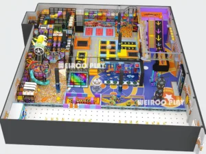 Main 3D design of the "Pro-Level Action Park" (WRTP-007), a massive 21,100 sq ft (approx. 1960 m²) custom commercial trampoline park equipment design by Weiroo.