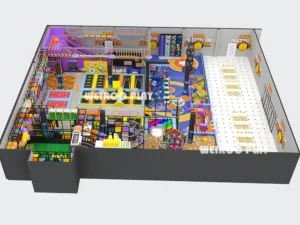 Top-down 3D layout of the 1960 m² (21,100 sq ft) "Pro-Level Action Park" (WRTP-007), showing the full layout for a 650-person capacity park. A Weiroo custom design.