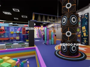 Angled view of the 1960 m² "Pro-Level Action Park" (WRTP-007), a large-scale commercial trampoline park equipment solution by Weiroo.