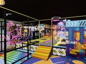 Weiroo's custom 3D design for the 21,100 sq ft "Pro-Level" park (WRTP-007), focusing on the multi-level play structures and slides.