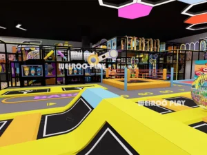An overview of the "Pro-Level Action Park" (WRTP-007), a 1960 m² custom park design by Weiroo for a 7m ceiling height.