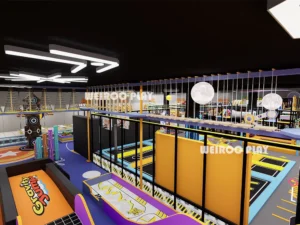 A 3D render of the 1960 m² "Pro-Level Action Park" (WRTP-007) by Weiroo, focusing on the slide and soft play integration.