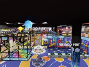 An overhead view of the "Pro-Level" park (WRTP-007) layout, a 21,100 sq ft commercial trampoline park equipment solution by Weiroo.