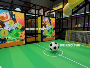A side-view 3D render of the Weiroo "Pro-Level Action Park" (WRTP-007), showing the pathways and various attractions.