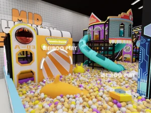 An angled overview of the 21,100 sq ft "Pro-Level Action Park" (WRTP-007), highlighting the custom color scheme.