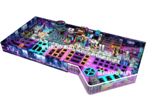 Main 3D design of the Pro Sport Jump System (WRTP-003), a large 15,000 sq ft (approx. 1400 m²) custom commercial trampoline park equipment design by Weiroo.