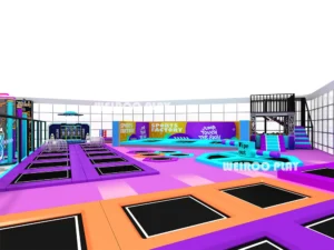 A 7m high custom trampoline park structure (WRTP-003) by Weiroo, showing the professional court layout for 1100 people. Part of our commercial jump systems line.
