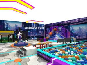 An angled view of the 1400 m² Pro Sport Jump System (WRTP-003), a large-scale commercial trampoline park equipment solution by Weiroo.