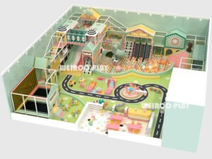 A 3D design render of the Rainbow Adventure Play Structure (WRIP-002), a 3230 sq ft (approx. 300 m²) custom commercial indoor playground equipment design by Weiroo.