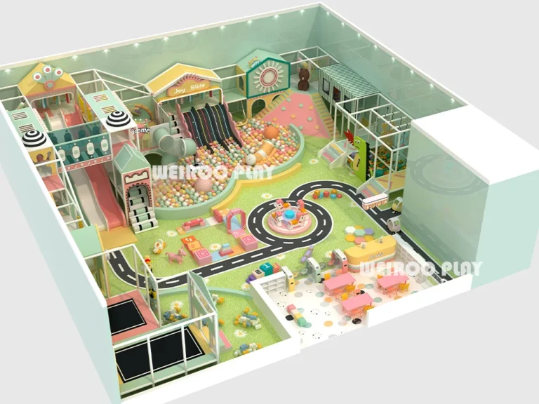 A side-view 3D render of the Weiroo Rainbow Adventure (WRIP-002) play structure, a 300 m² / 3230 sq ft project, part of our commercial indoor playground equipment line.