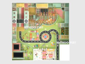 A top-down 3D design render for the Rainbow Adventure Play Structure (WRIP-002), a 3230 sq ft (300 m²) custom playground design by Weiroo.