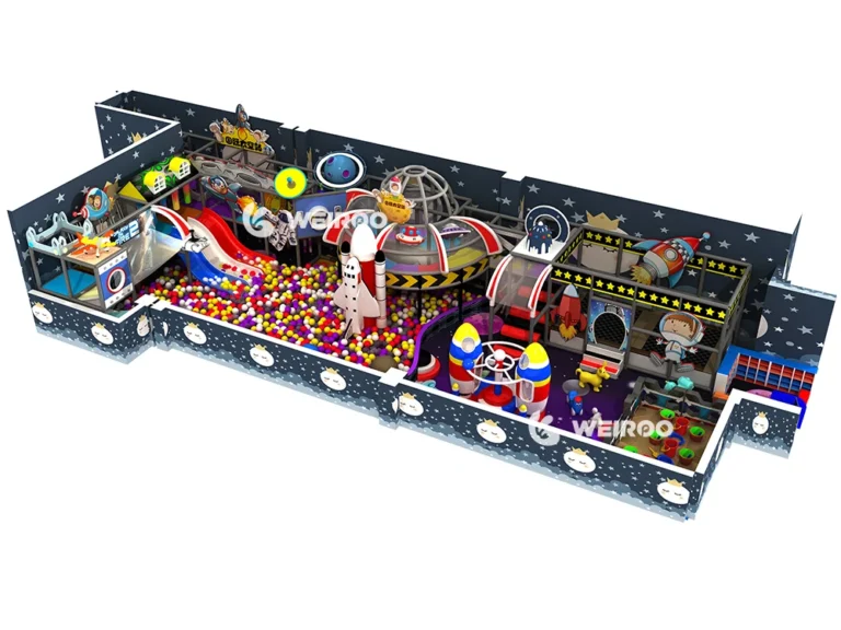 Main 3D design of the "Rocket Launch Play Area" (WRIP-018), a 1720 sq ft (approx. 160 m²) custom commercial indoor playground equipment design by Weiroo.