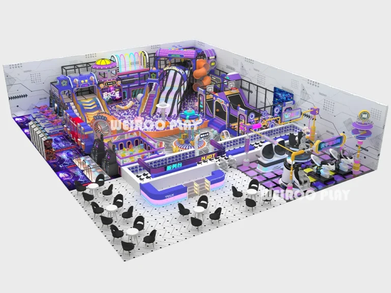 Main 3D design of the Space Voyager Custom Playground (WRIP-006), a 5400 sq ft (approx. 500 m²) sci-fi themed commercial indoor playground equipment design by Weiroo.