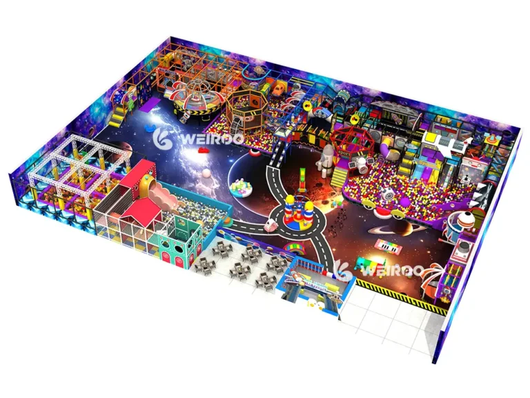 A detailed 3D render of the Weiroo Cosmic Mission (WRIP-014), an 990 m² project, showing the various rocket-themed slides and play events.