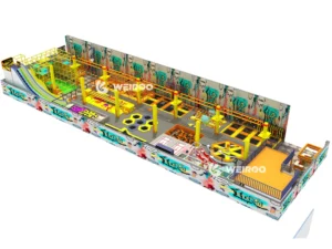 Top-down 3D layout of the 1090 m² (11,730 sq ft) "Velocity Jump Park" (WRTP-009), showing the full layout for a 360-person capacity park. A Weiroo custom design.